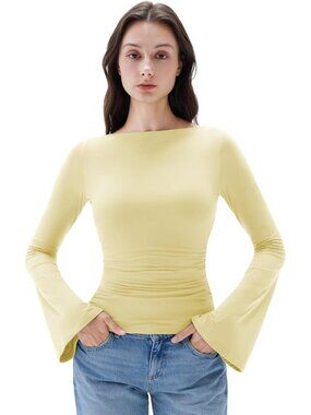 Women's Yellow Long Sleeve Crew Neck Double Lined Casual Tops Basic T Shirts